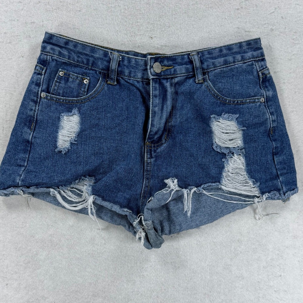 SHEIN Womens Distressed Denim Shorts Medium Wash Blue Frayed Hem Size M